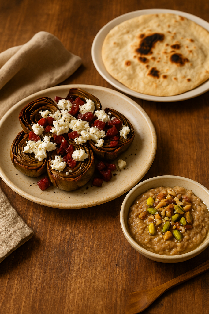 Artichokes at low temperature with feta and chorizo ​​plus baba ganoush with mixed nuts 