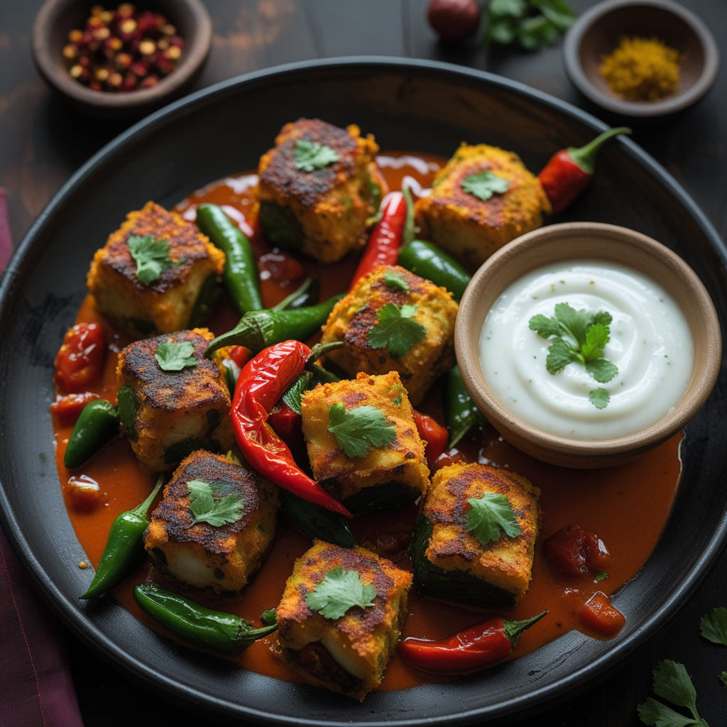 Tofu Crujiente con Salsa Tandoori, Chilis Frescos y Raita de Yogur