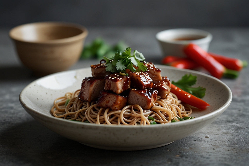 Soba noodles with roast pork in barbecue sauce 