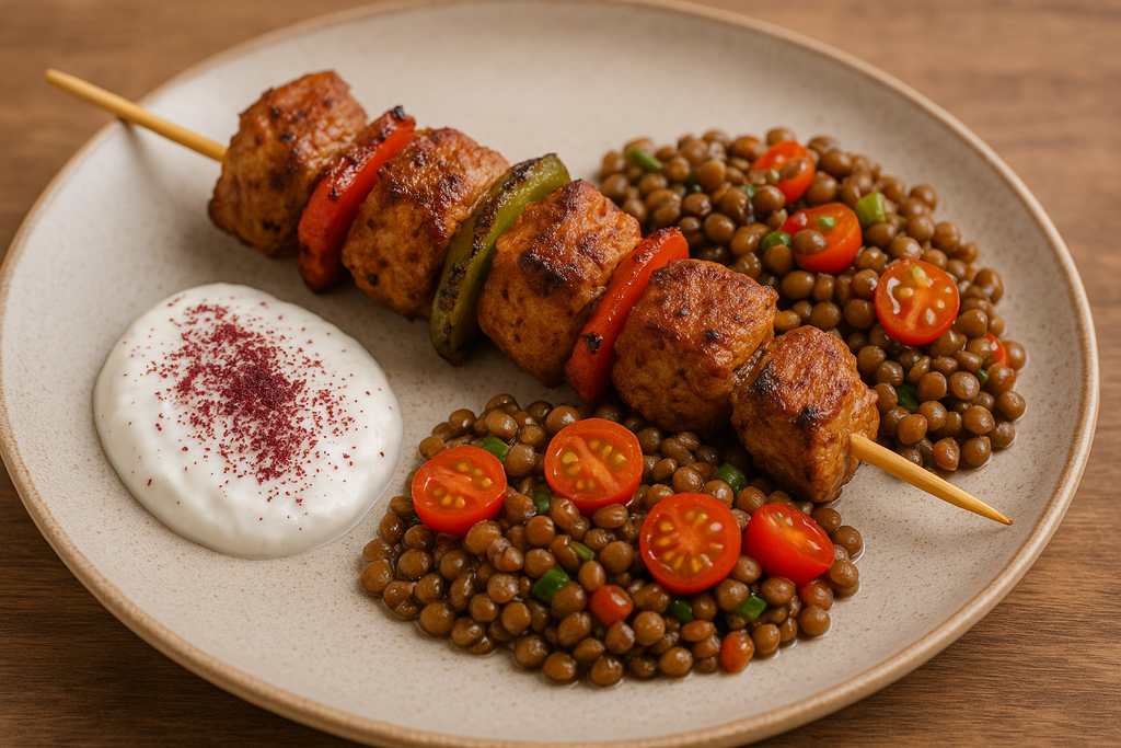 Moorish skewer with Arabic salad of lentils and yogurt with sumac 