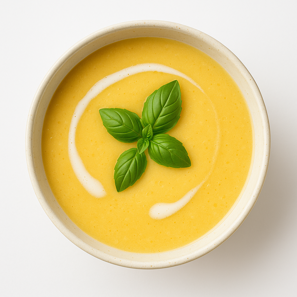 Cold melon soup with yellow Thai curry and basil 