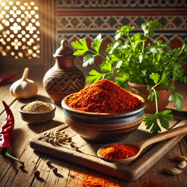 “Mezcla de especias Chermoula marroquí de Savourshop, 30g, vista en polvo con tonos cítricos y especiados