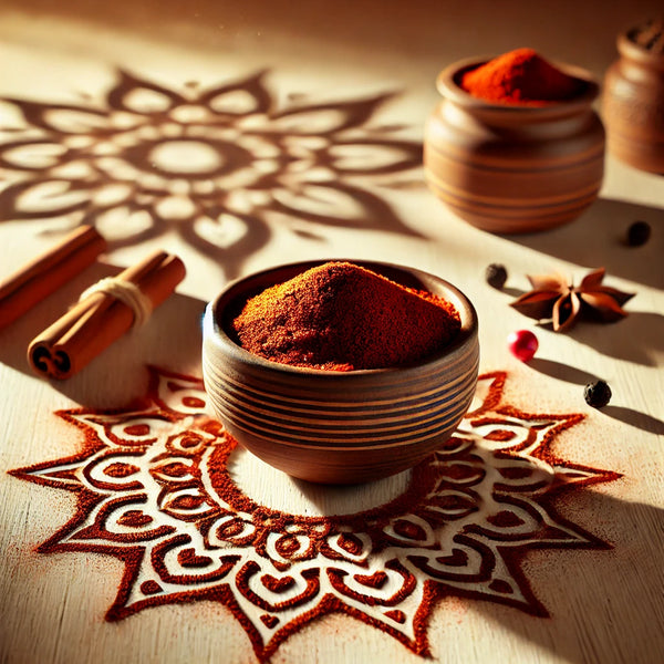 bowl con mezcla de especias barbacoa hindú con toques de la India en la mesa