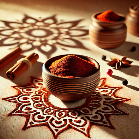 bowl con mezcla de especias barbacoa hindú con toques de la India en la mesa