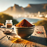 Mezcla de especias Cape Town Curry Fiesta en un bol de cerámica, curry sudafricano con tonos dorados y rojizos.