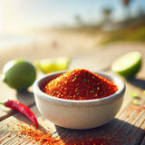 Mezcla de especias Chili Lime California en un bowl con textura roja y cítrica, estilo fresco y vibrante
