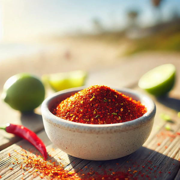 Mezcla de especias Chili Lime California en un bowl con textura roja y cítrica, estilo fresco y vibrante