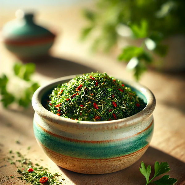 Chimichurri KM0 Mediterrani en un bol de especias, mezcla mediterránea de hierbas y ajo