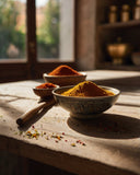 Bol de condimento Estambul con mezcla de especias turcas cálidas y aromáticas sobre mesa de madera.
