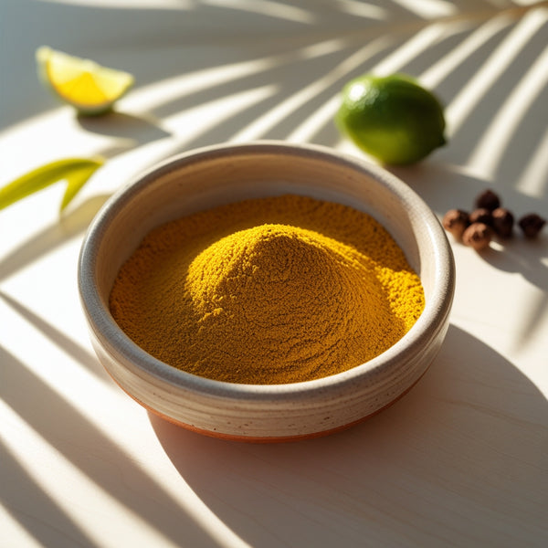 Curry Caribeño en bowl pequeño con fondo minimalista y luz cálida.