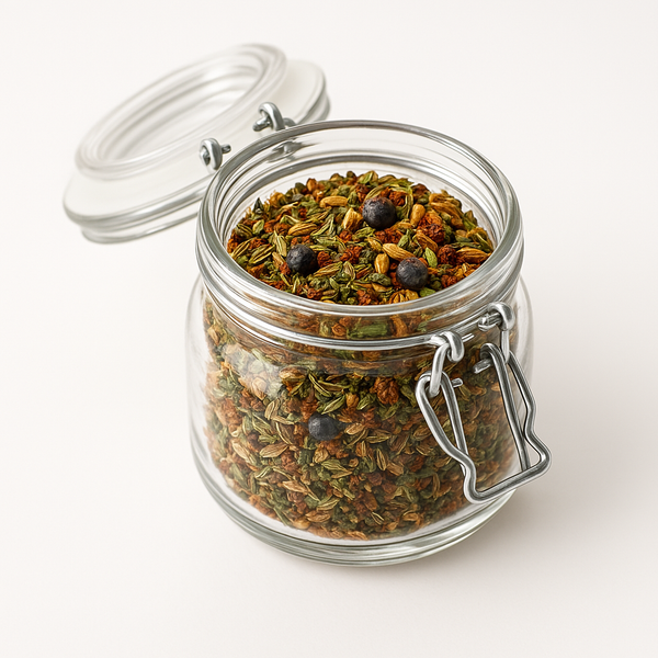 Mezcla de especias Funky Ferment para encurtidos y fermentos caseros,  sobre fondo blanco.