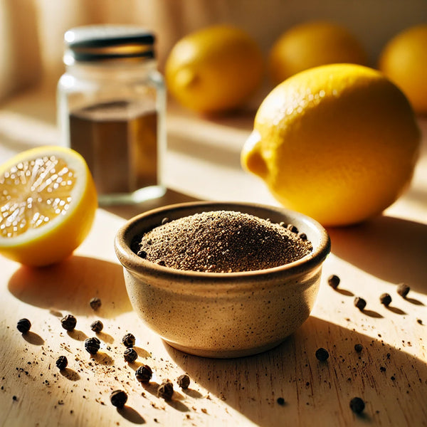 Especia Lemon Pepper mostrando su textura cítrica y aromátic