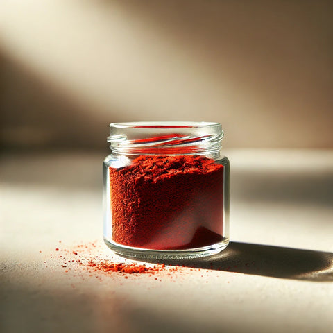 Bote de Love Potion con polvo de granada y maca, cucharita de madera y frutas frescas alrededor, en fondo claro y estilo natural.