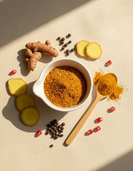 Mezcla natural Tu Flora Antiinflamatoria de Savourshop hecha con cúrcuma, jengibre, pimienta negra y granada en polvo.